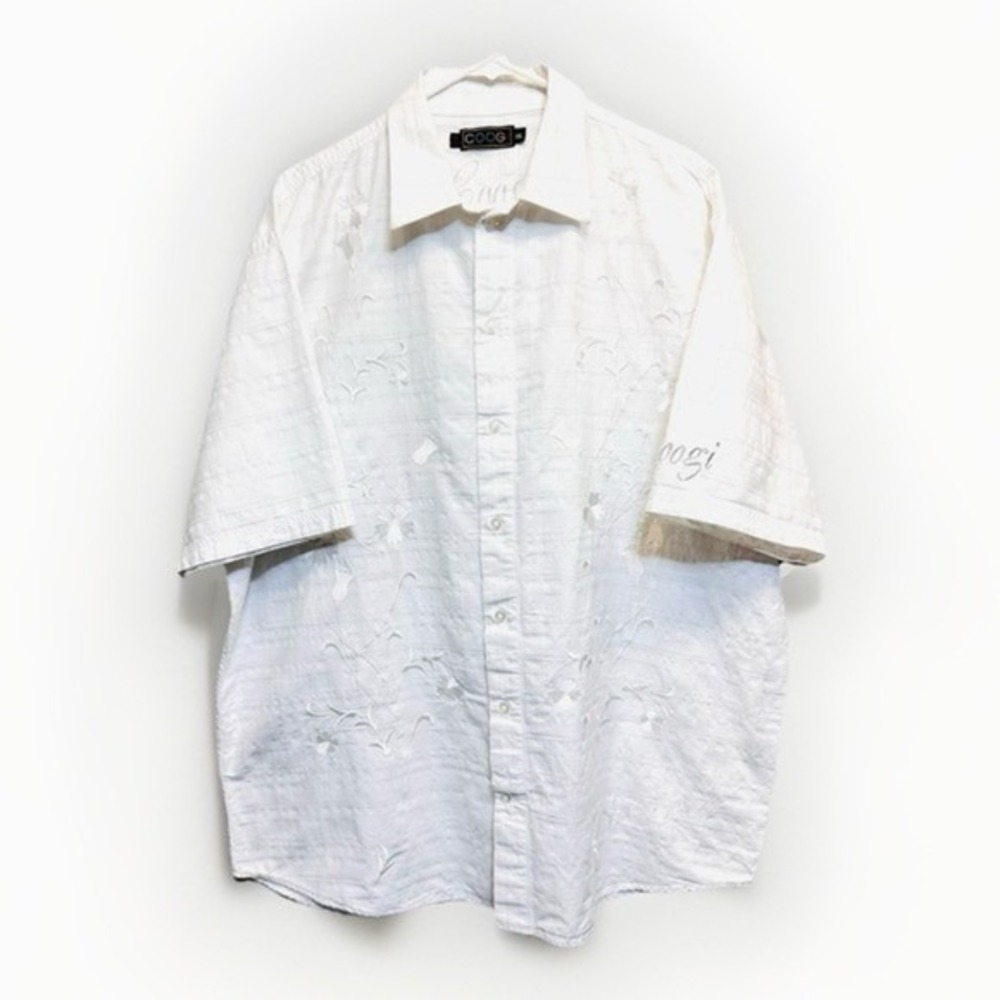 COOGI Shirt Mens XXL White Floral Embroidered Plaid‎ Silver Thread Button Down